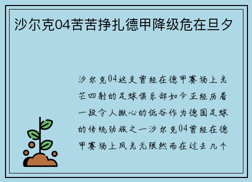 沙尔克04苦苦挣扎德甲降级危在旦夕
