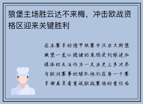 狼堡主场胜云达不来梅，冲击欧战资格区迎来关键胜利